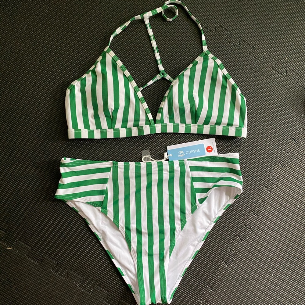 Green and White Striped Bikini